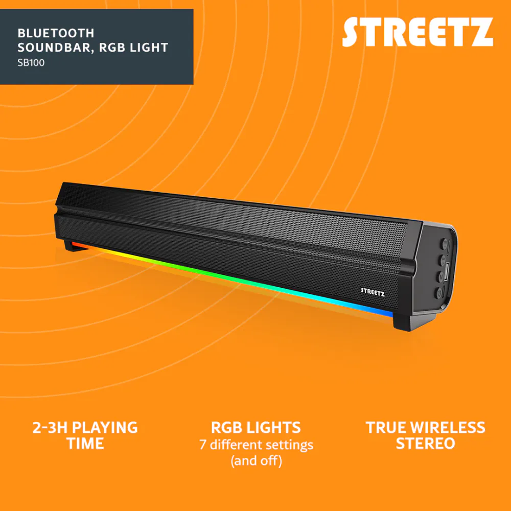 STREETZ SB100 Bluetooth Soundbar Høyttaler med RGB-belysning
