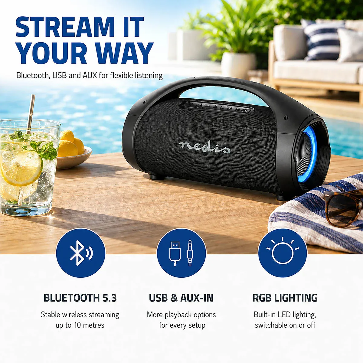 Bluetooth Høyttaler - Party boombox 150 watt - Oppladbar med Partylys