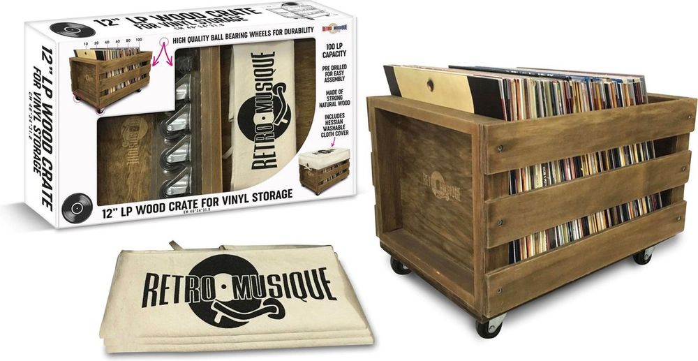 Vinylkasse i Tre med Hjul for inntil 100 LP - Retro Musique