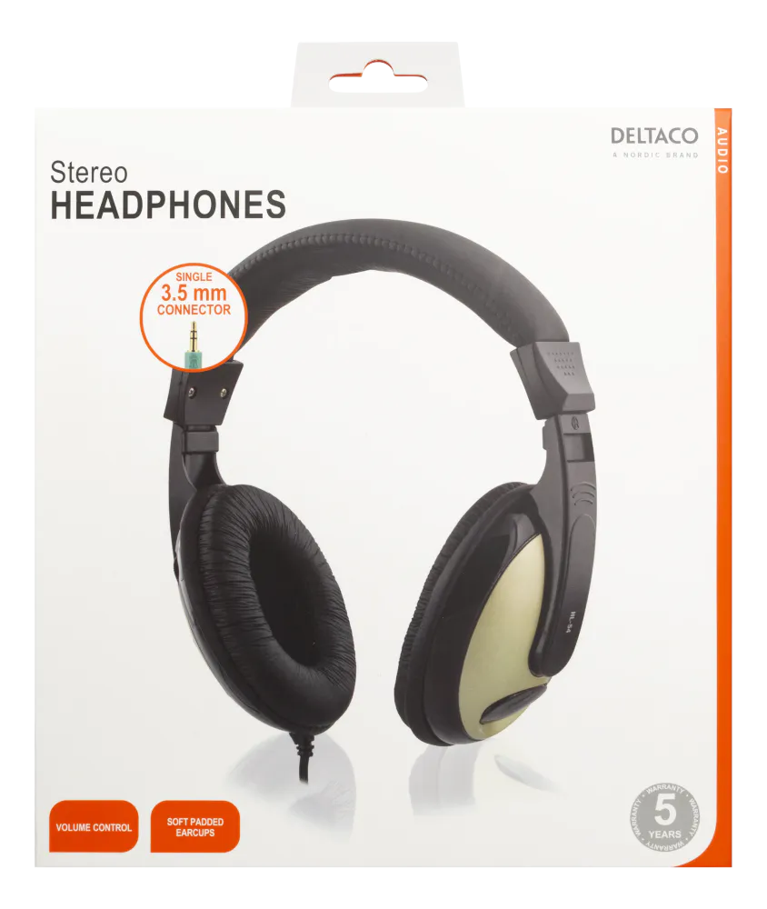 Hodetelefoner Med Volumkontroll 3,5mm Plugg og, 2,5m kabel, svart/beige - Deltaco